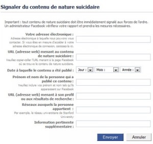 Formulaire pour signaler des contenus suicidaires