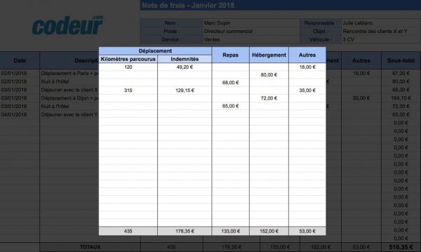 note de frais excel