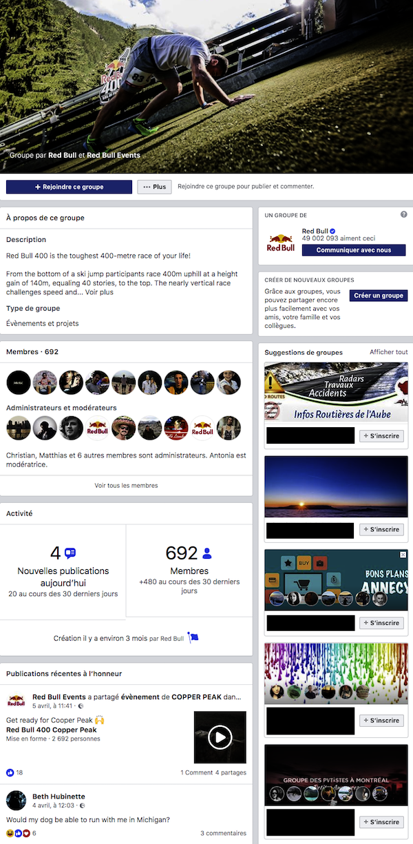 Groupe Facebook - Exemple Red Bull