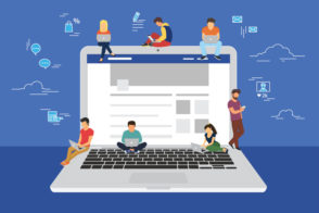 Social network web site surfing concept illustration of young people using mobile gadgets such as smarthone, tablet and laptop to be a part of online community. Flat guys and women on big notebook with symbols