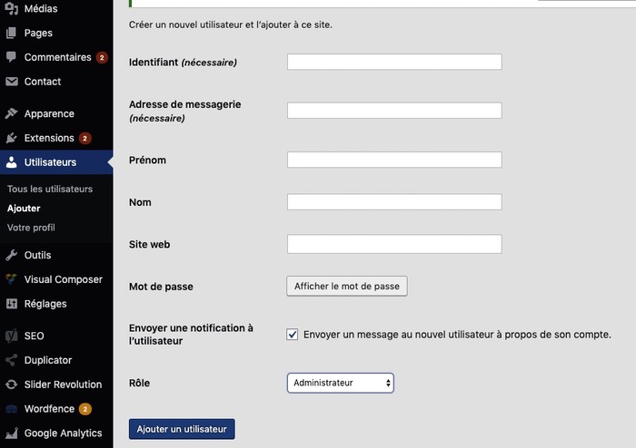 Création d'un nouvel utilisateur WordPress
