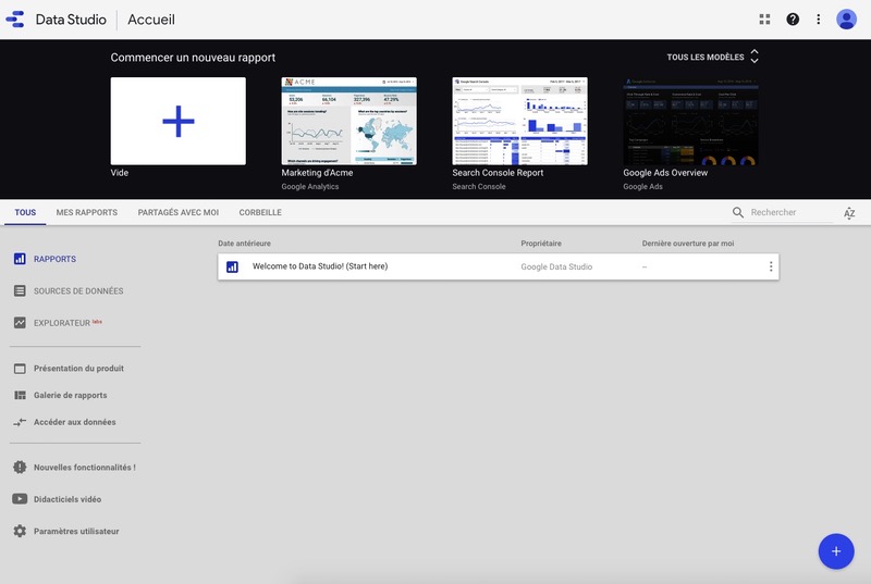 Accueil Google Data Studio