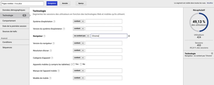 Filtre navigateur segment Google Analytics