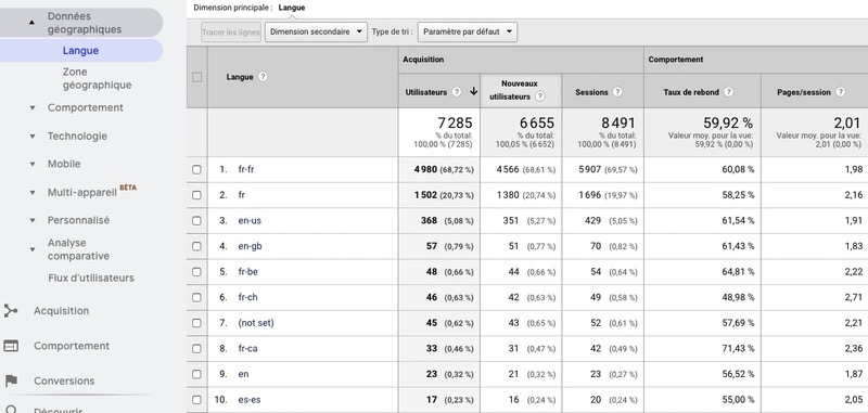 Données géographiques Google Analytics