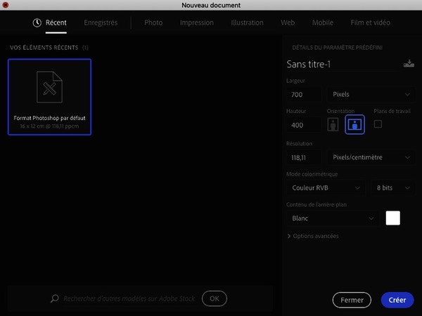 Créer un nouveau document Photoshop