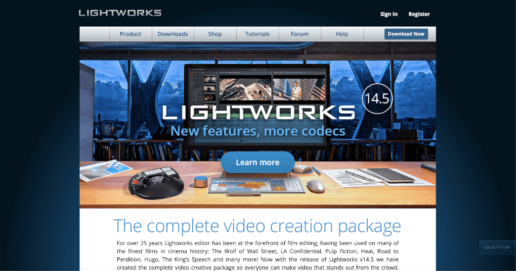 capture écran de la page d'accueil de la plateforme Lightworks