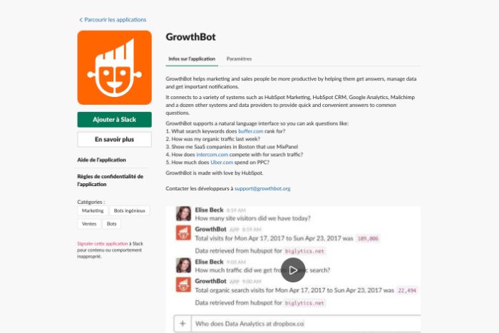 Application GrowthBot pour Slack