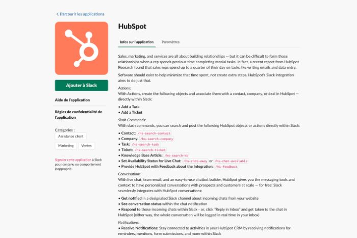 Application Hubspot pour Slack