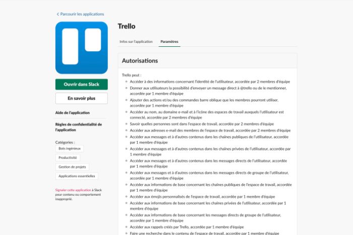 Application Trello pour Slack