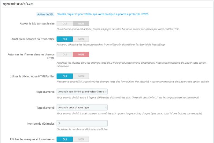 Sécurité Prestashop paramètres