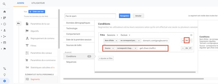 Google Analytics ajout conditions pour supprimer referral spam robots