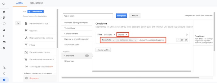 Google Analytics ajout segment pour supprimer referrer spam