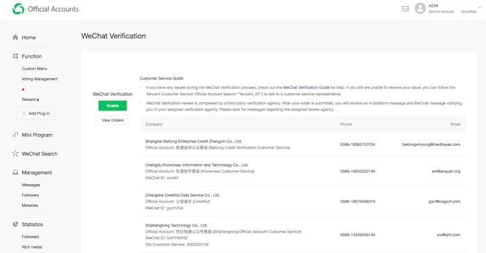 WeChat validation compte entreprise