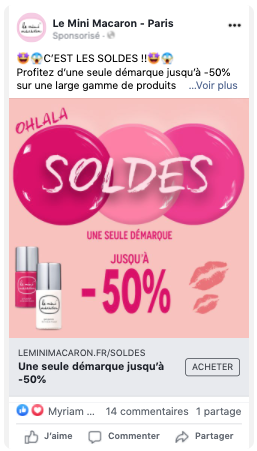 Une publicité Facebook annonçant les soldes chez Le Mini Macaron.