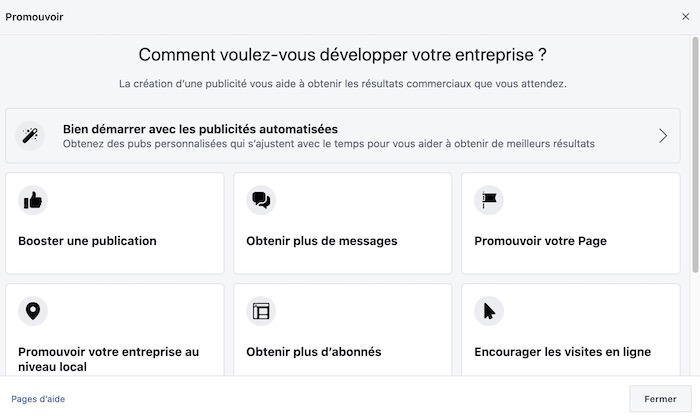 objectifs publicité Facebook